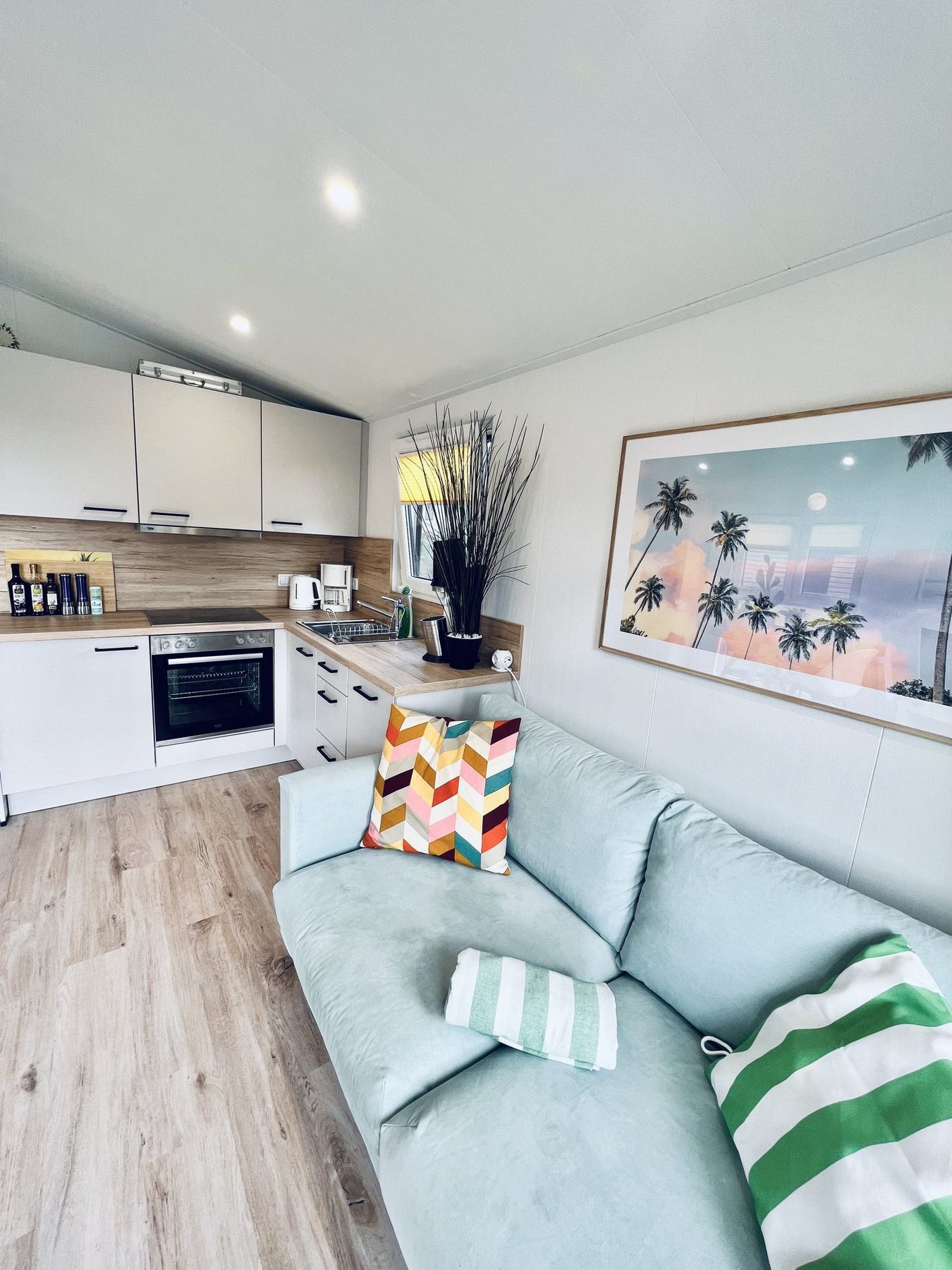 Blick in den Wohnraum mit offener Küche und Sofa im Ferienhaus Haffkrug